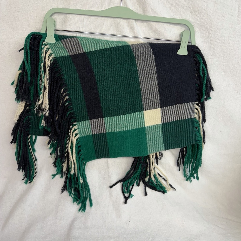 Plaid Green Navy Blue Cream Fringe Scarf Soft Cozy Tartan Flannel 12.5"x98"